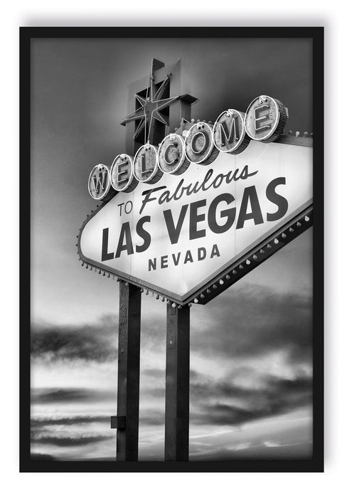 Pixxprint Las Vegas Schild in der Dämmerung, Poster mit Bilderrahmen