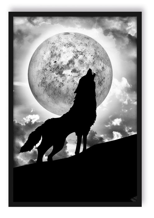 Wolf heult Mond an, Poster mit Bilderrahmen