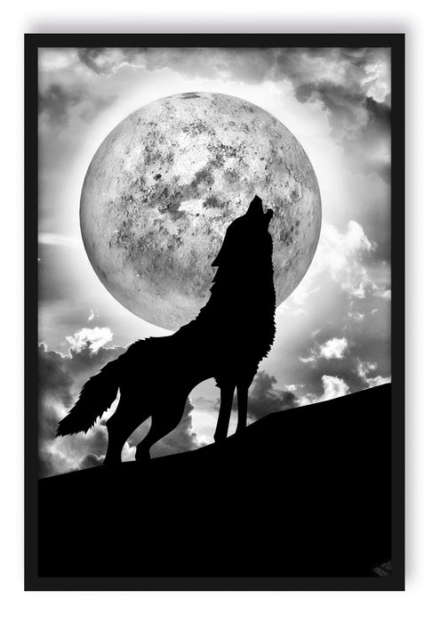 Pixxprint Wolf heult Mond an, Poster mit Bilderrahmen