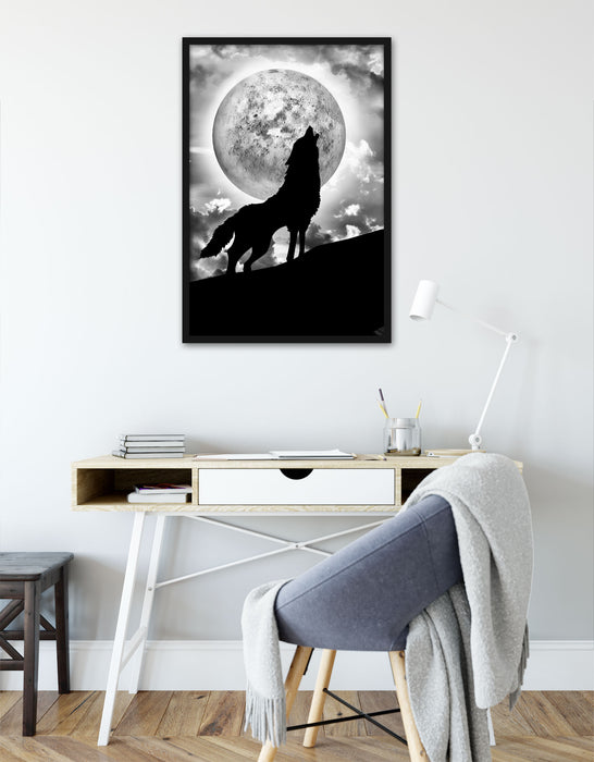 Wolf heult Mond an, Poster mit Bilderrahmen