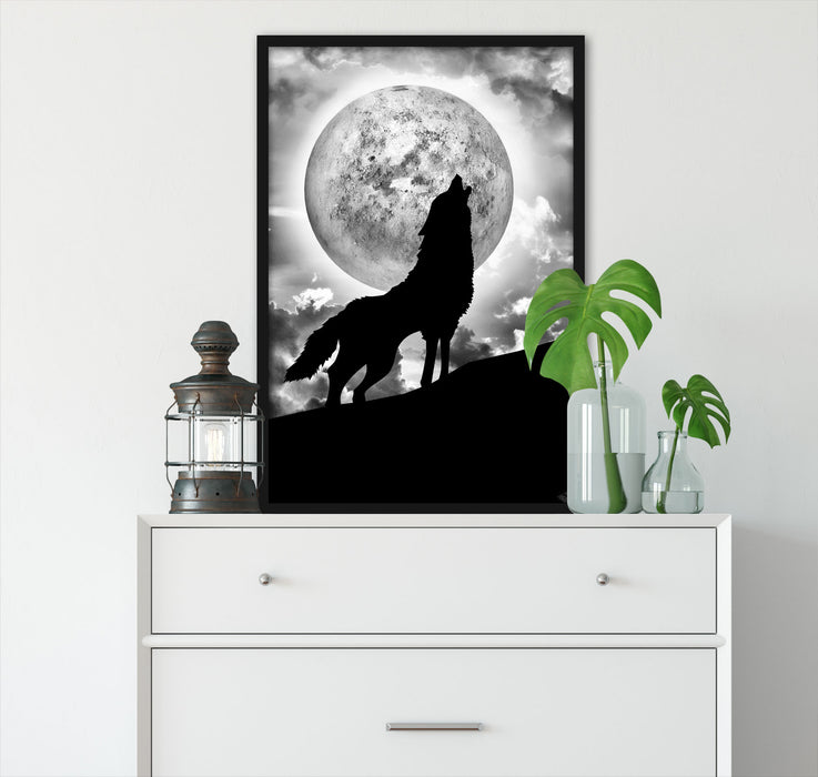 Wolf heult Mond an, Poster mit Bilderrahmen