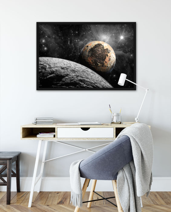 Alien Planeten im Weltall, Poster mit Bilderrahmen