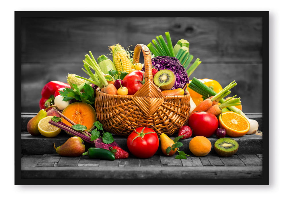 Pixxprint Frisches Obst und Gemüse im Korb, Poster mit Bilderrahmen