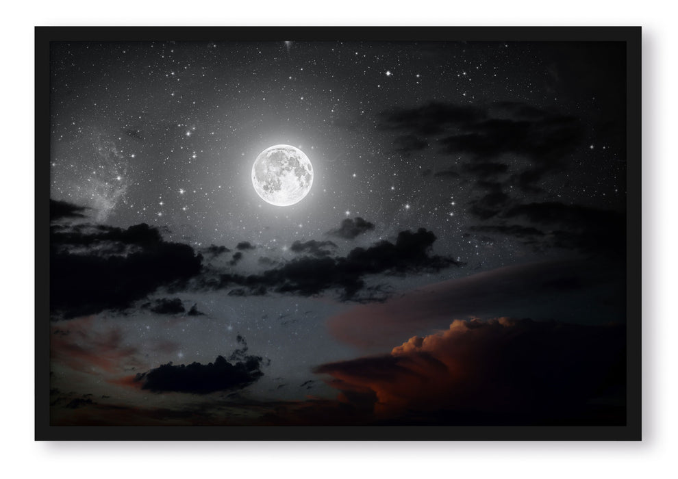 Pixxprint Leuchtender Mond am Nachthimmel, Poster mit Bilderrahmen