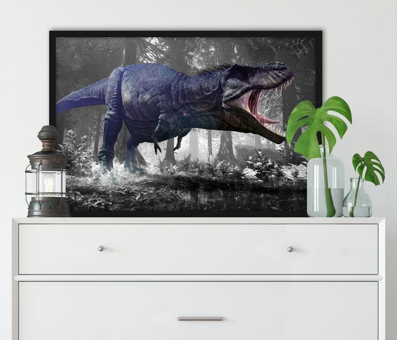 T-Rex Dinosaurier im Wald, Poster mit Bilderrahmen