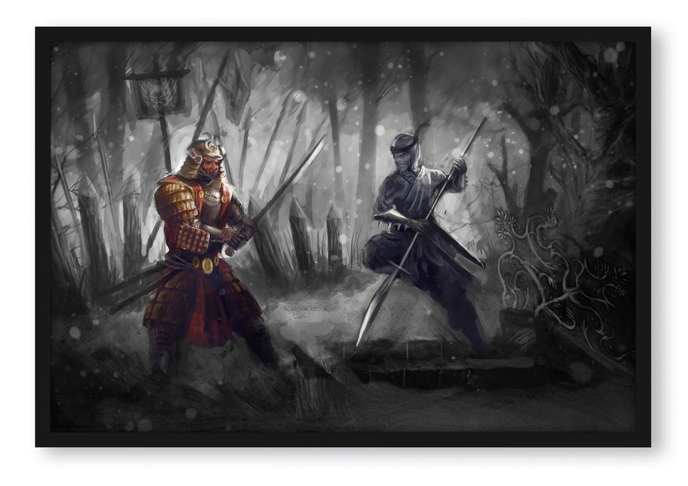 Pixxprint Kampf zwischen Samurai und Ninja, Poster mit Bilderrahmen