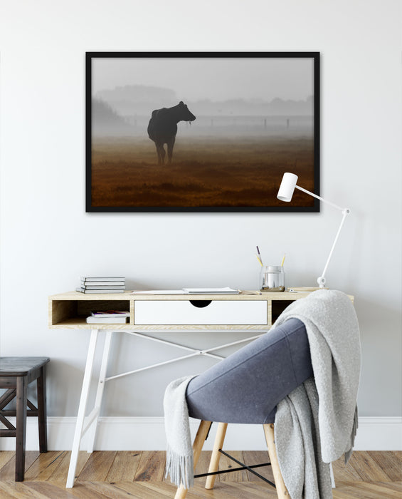 eine fressende Kuh auf der Weide, Poster mit Bilderrahmen