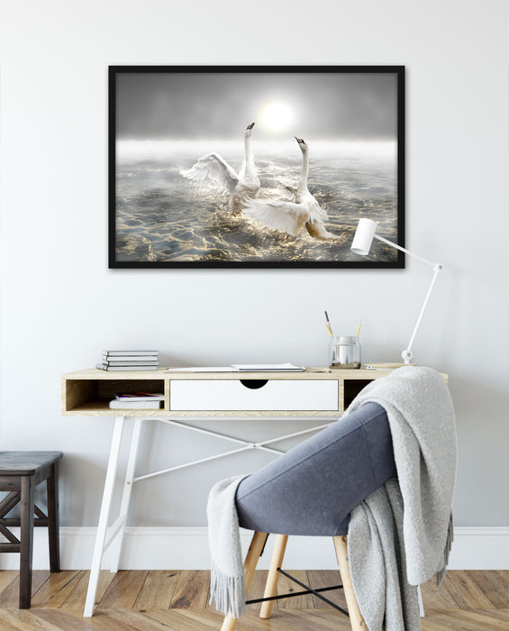 Schwäne im Meer, Poster mit Bilderrahmen