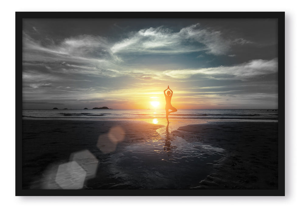 Pixxprint Yoga Silhouette am Strand, Poster mit Bilderrahmen
