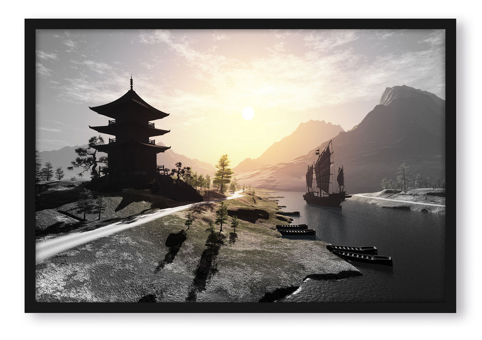 asiatischer Tempel an Fluss, Poster mit Bilderrahmen