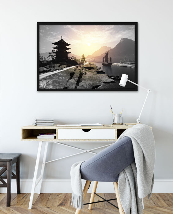 asiatischer Tempel an Fluss, Poster mit Bilderrahmen