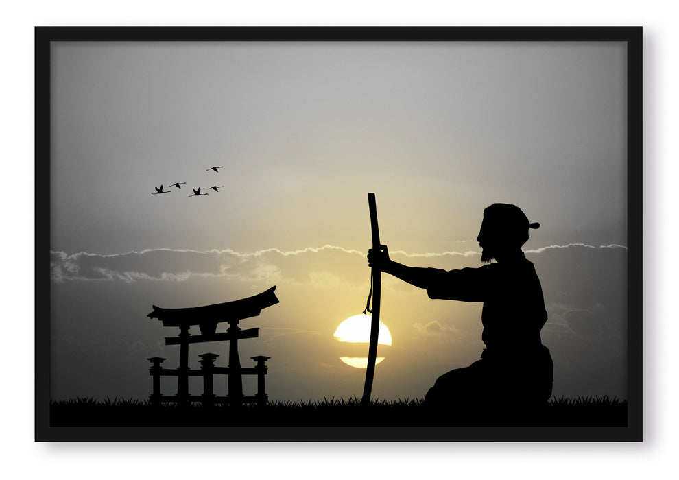 Pixxprint Samurai-Meister vor Horizont, Poster mit Bilderrahmen