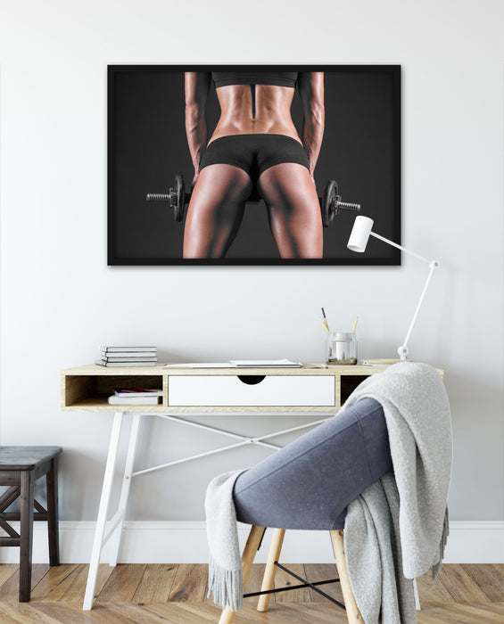 Sexy Frau mit Hanteln, Poster mit Bilderrahmen