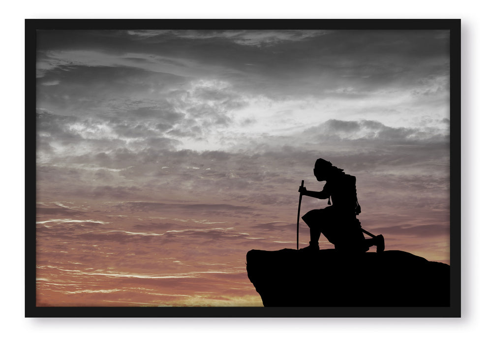 Pixxprint Samurai auf der Spitze des Berges, Poster mit Bilderrahmen