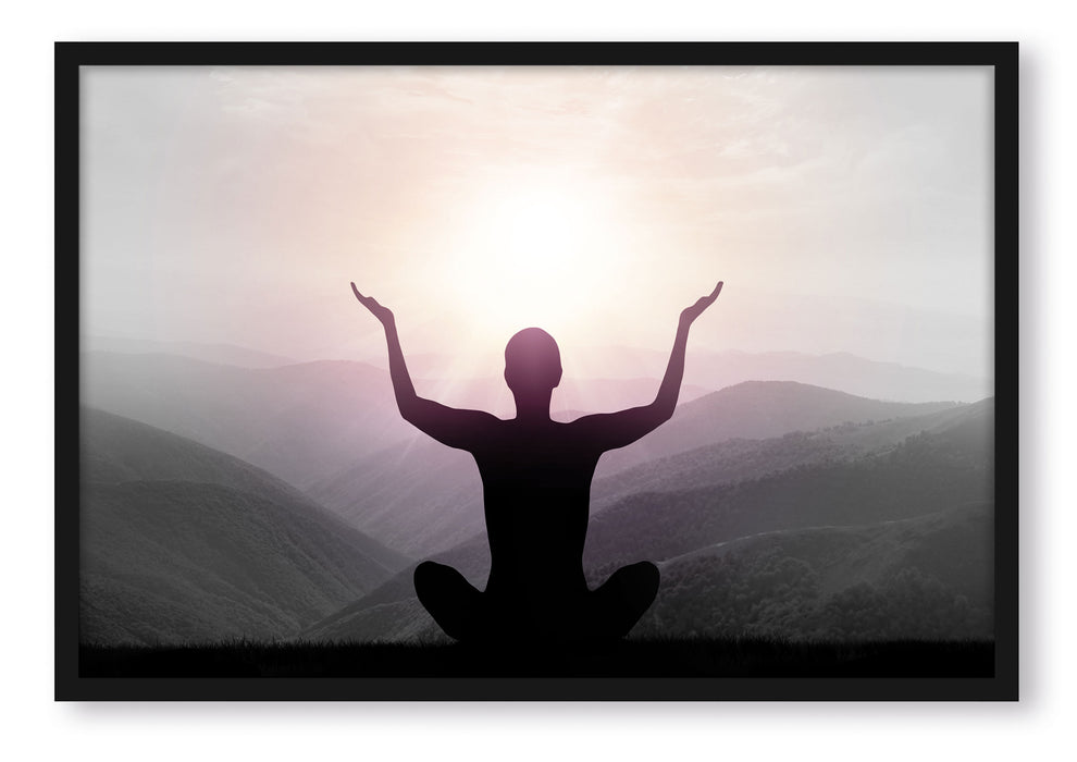 Yoga in den Bergen, Poster mit Bilderrahmen