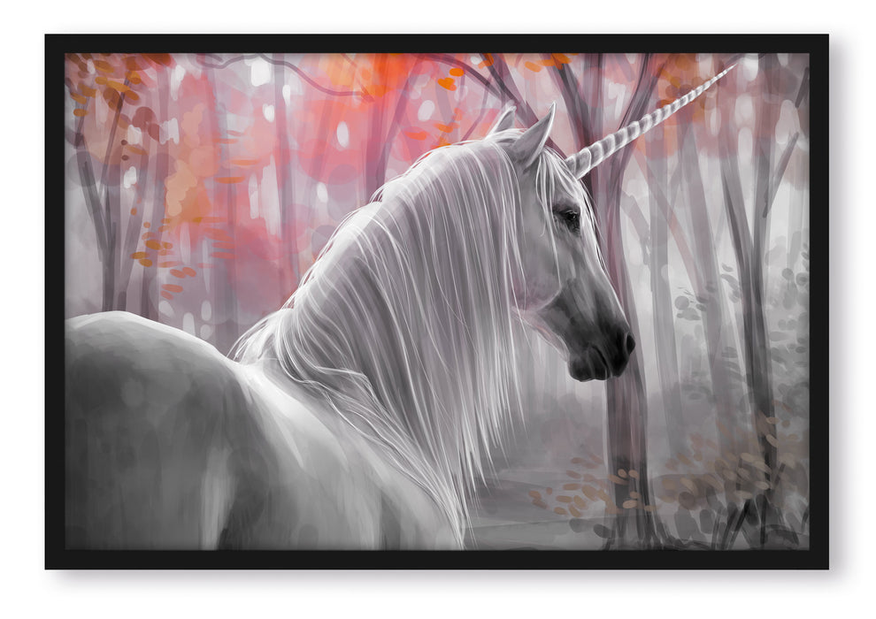 Pixxprint Einsames Einhorn im Wald, Poster mit Bilderrahmen