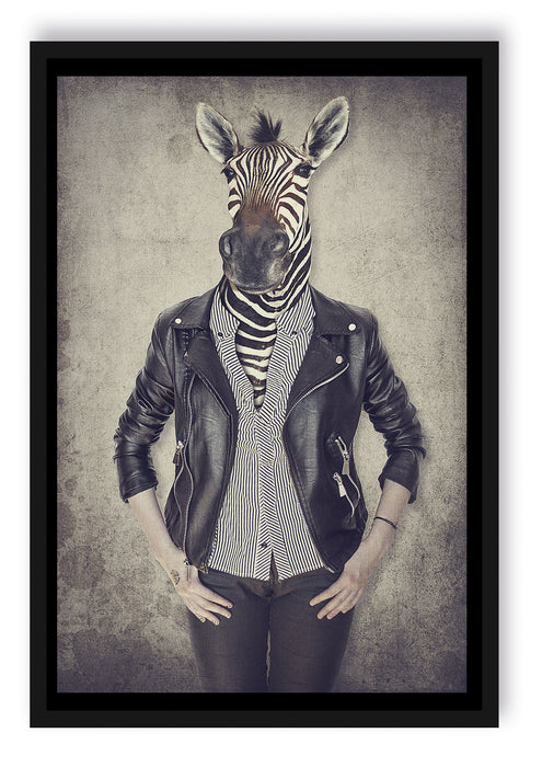 Pixxprint Zebrakopf Menschenkörper mit Lederjacke, Poster mit Bilderrahmen