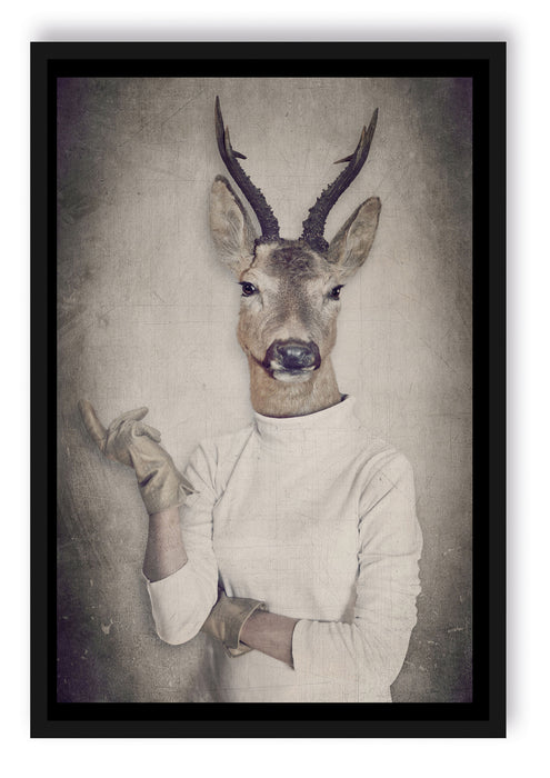 Hirschkopf Menschenkörper im Pullover, Poster mit Bilderrahmen