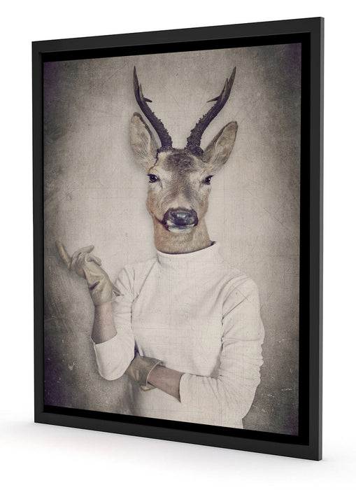 Hirschkopf Menschenkörper im Pullover, Poster mit Bilderrahmen