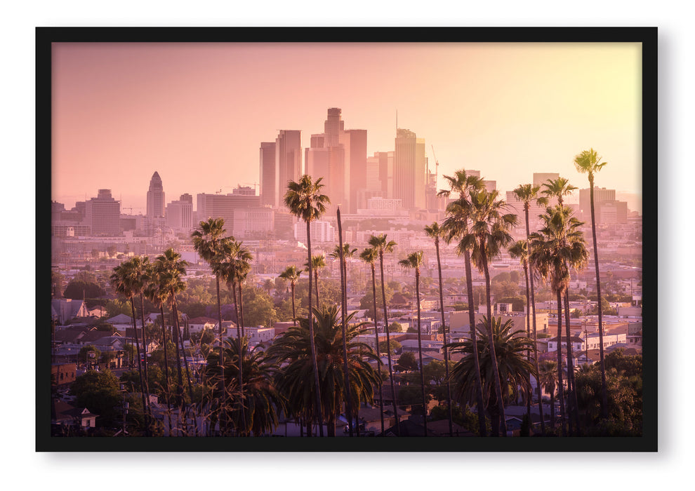 Pixxprint Palmen vor Skyline von Los Angeles, Poster mit Bilderrahmen