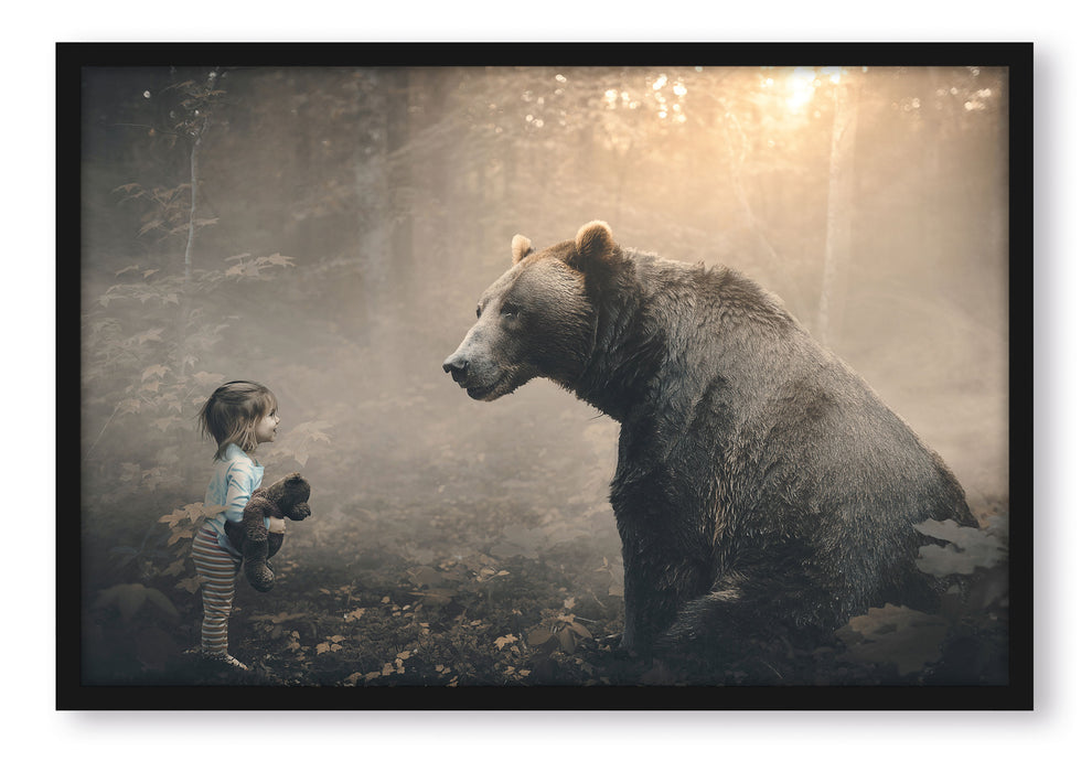 Pixxprint Mädchen mit Teddy und Bär im Wald, Poster mit Bilderrahmen