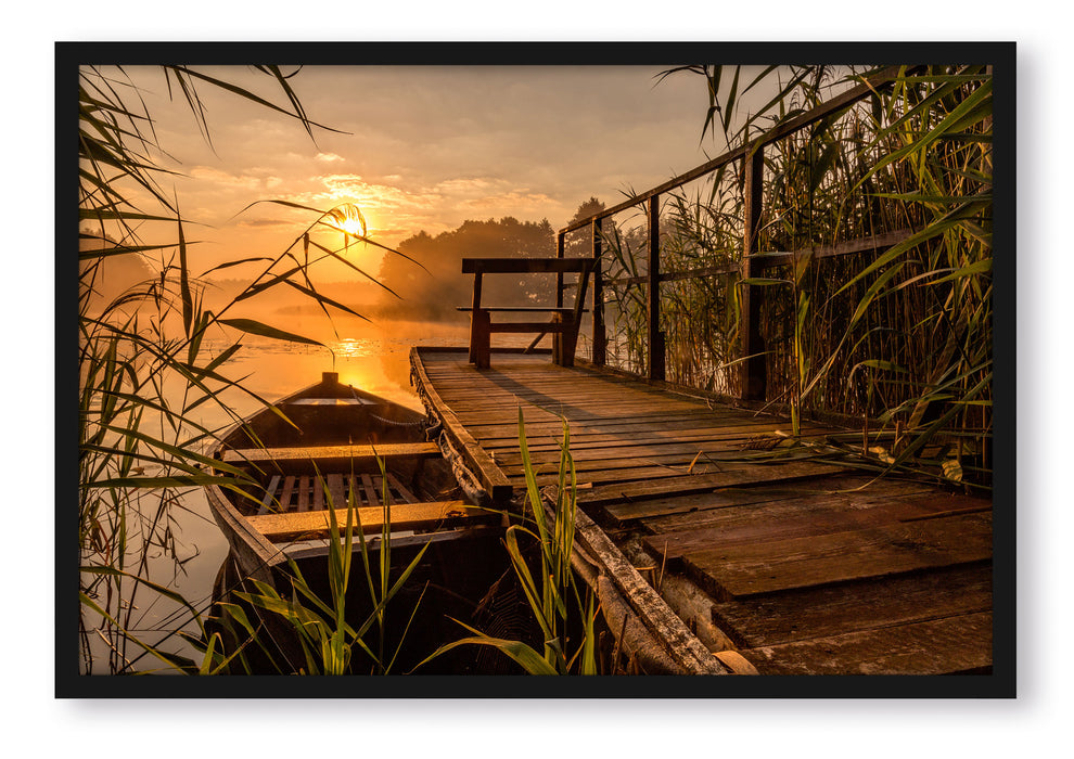 Bootssteg am See bei Sonnenuntergang, Poster mit Bilderrahmen