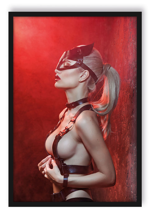 Pixxprint Sexy Blondine in Leder im Rotlicht, Poster mit Bilderrahmen