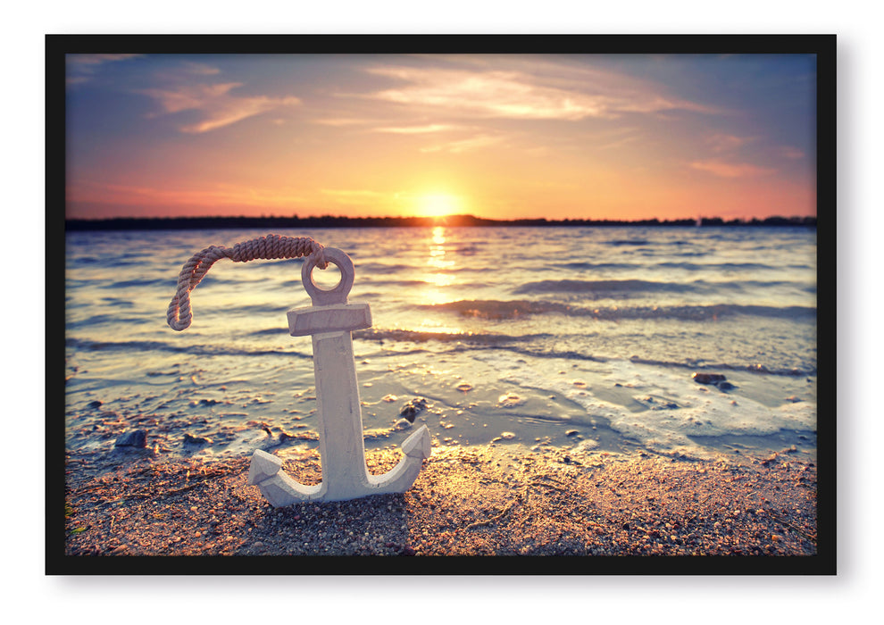 Pixxprint Anker am Ostseestrand im Sonnenuntergang, Poster mit Bilderrahmen