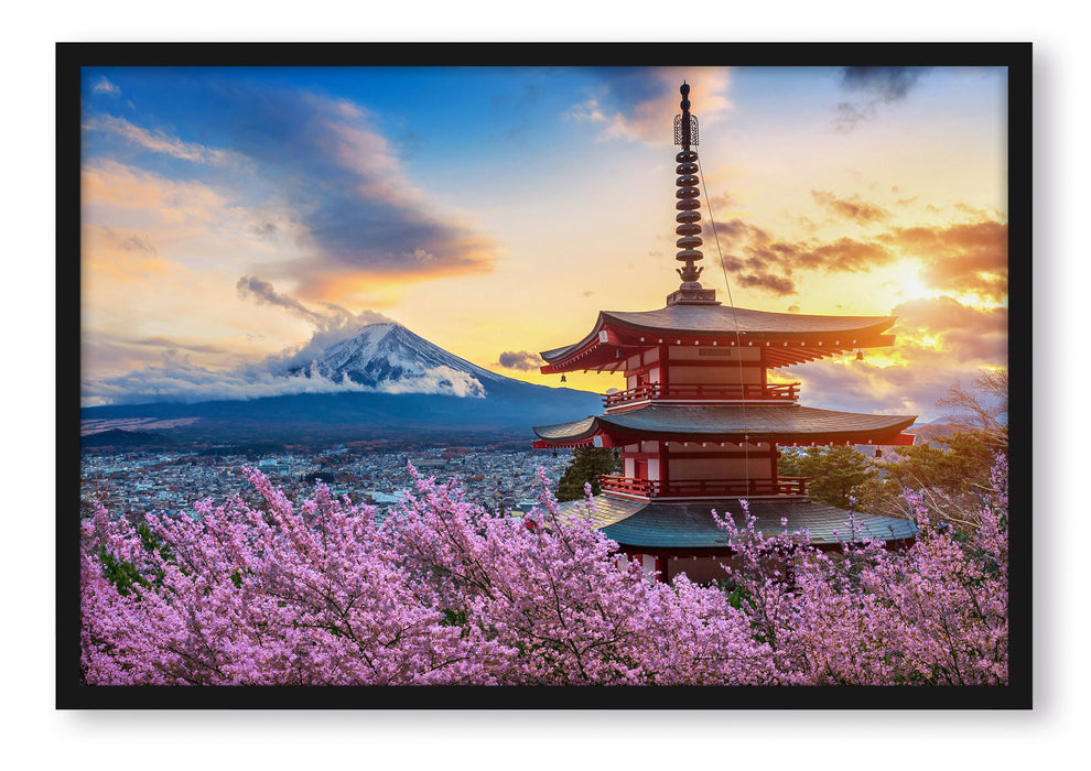 Pixxprint Japanischer Tempel zwischen Kirschblüten, Poster mit Bilderrahmen