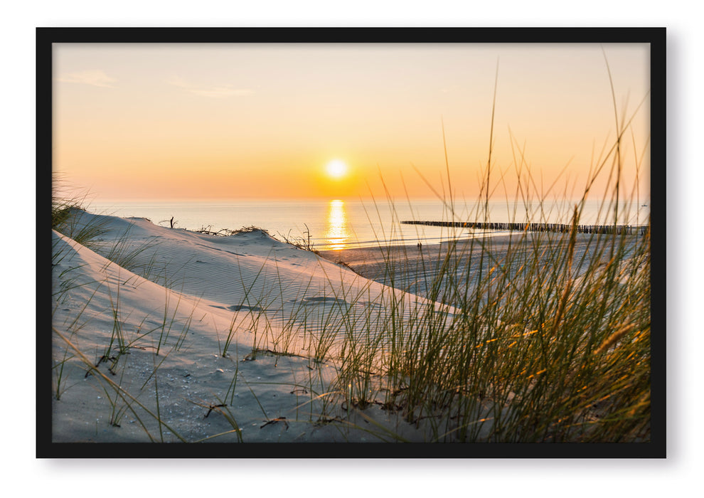 Pixxprint Dünenblick auf Meer bei Sonnenuntergang, Poster mit Bilderrahmen