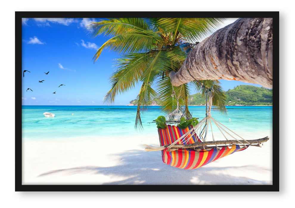 Pixxprint Bunte Hängematte am Traumstrand, Poster mit Bilderrahmen