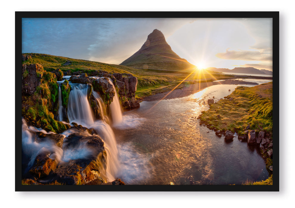 Pixxprint Wasserfall in Isalnd bei Sonnenuntergang, Poster mit Bilderrahmen