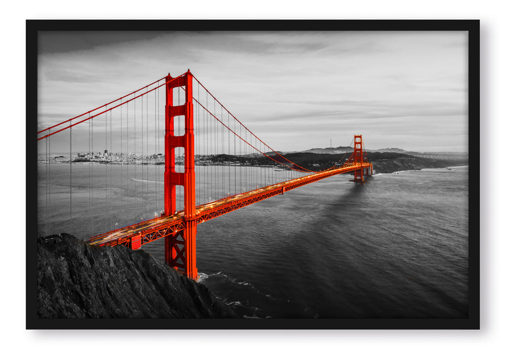 Pixxprint Golden Gate Bridge bei Sonnenuntergang B&W Detail, Poster mit Bilderrahmen