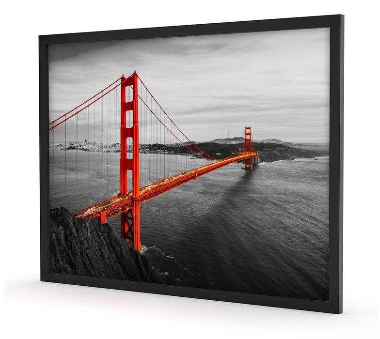 Golden Gate Bridge bei Sonnenuntergang B&W Detail, Poster mit Bilderrahmen