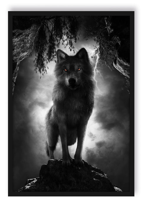 Böser Wolf bei Gewitter im Höhleneingang B&W Detail, Poster mit Bilderrahmen