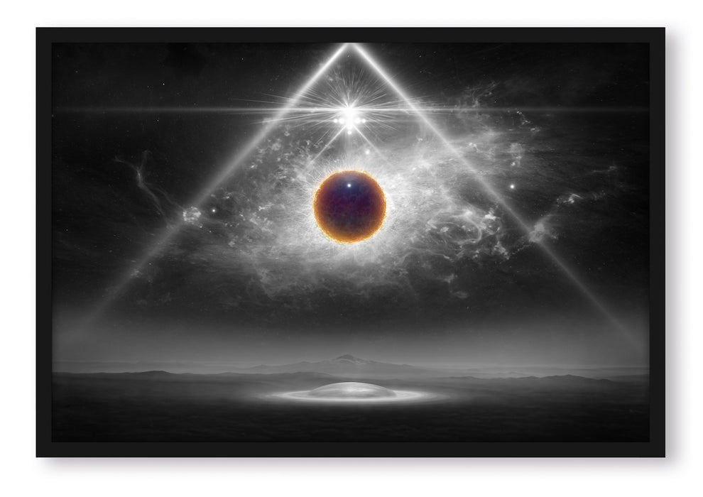 Pixxprint Science Fiction Collage Planeten im Weltraum B&W Detail, Poster mit Bilderrahmen