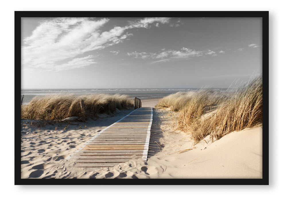 Pixxprint Weg zum Strand durch die Dünen B&W Detail, Poster mit Bilderrahmen