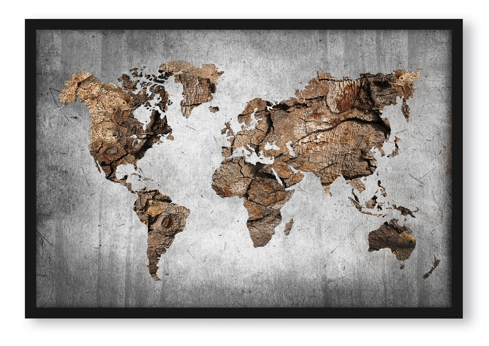 Pixxprint Weltkarte auf altem Holz B&W Detail, Poster mit Bilderrahmen