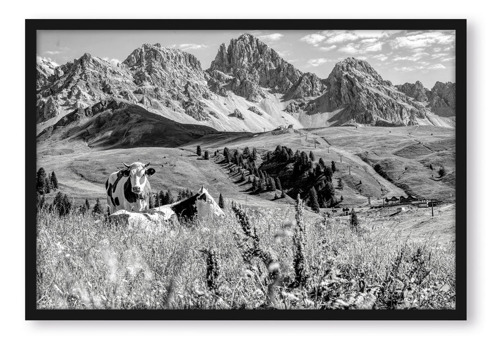 Pixxprint Alpenszene mit Kühen auf grüner Wiese, Monochrome, Poster mit Bilderrahmen
