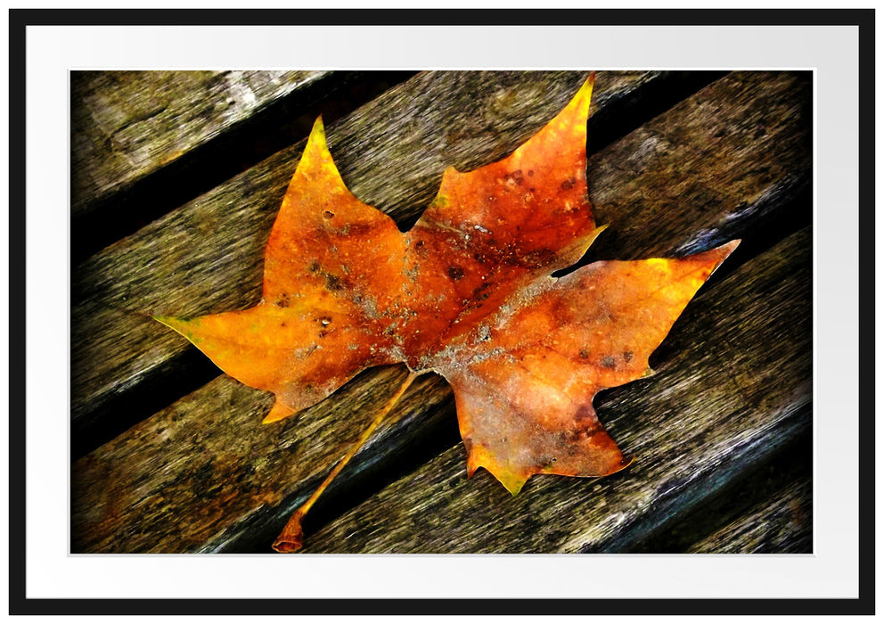 Pixxprint kleines Herbstblatt auf Holz, im Galerie-Passepartout Bilderrahmen
