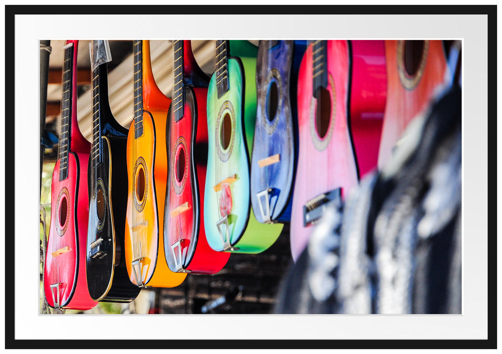 Pixxprint bunte Gitarren, im Galerie-Passepartout Bilderrahmen