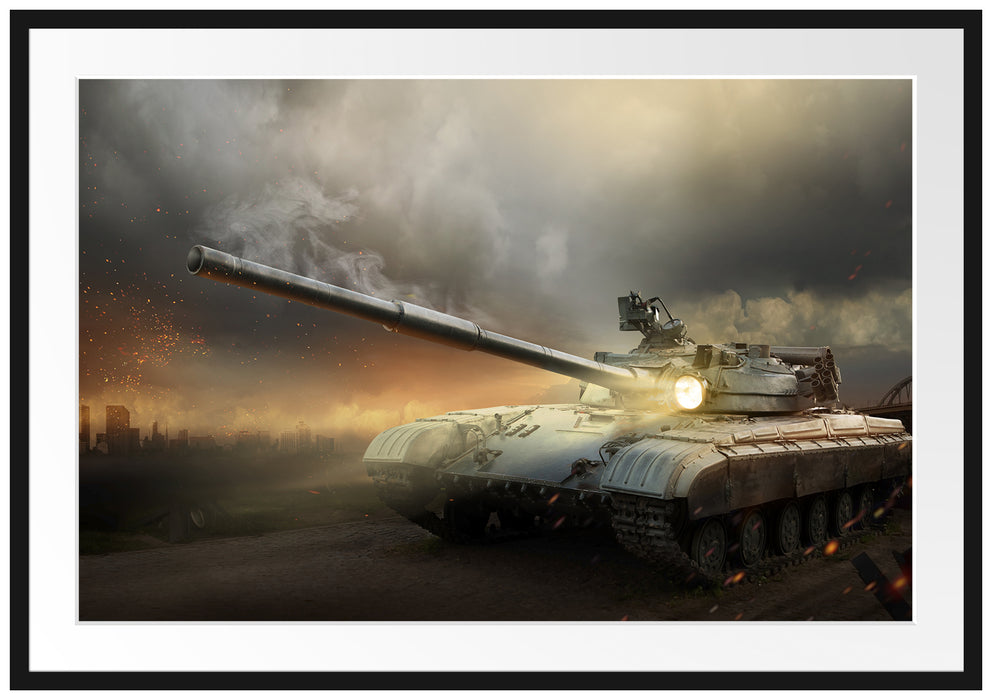 Pixxprint Panzer im Nebel, im Galerie-Passepartout Bilderrahmen
