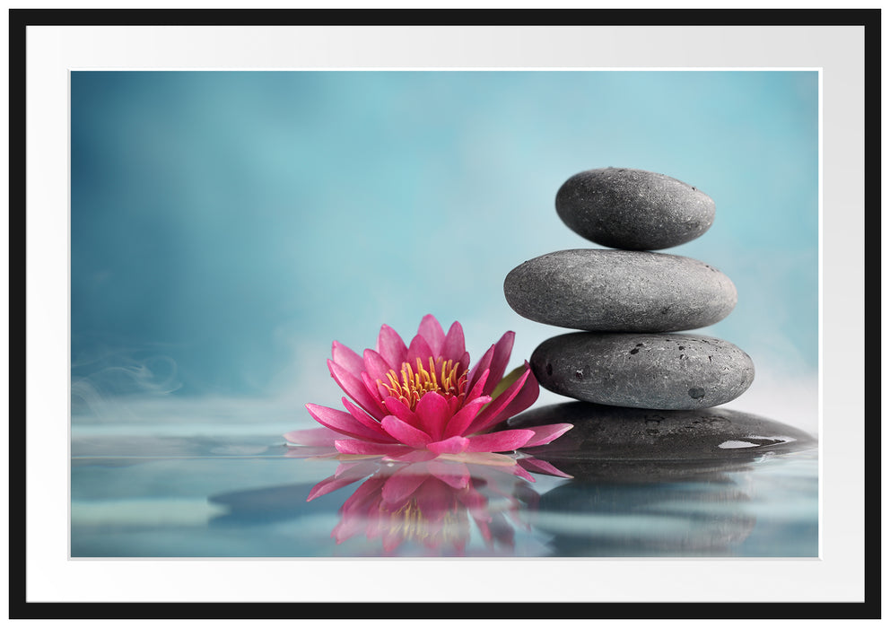 Pixxprint Seerosenblüte mit Zen Steinen, im Galerie-Passepartout Bilderrahmen
