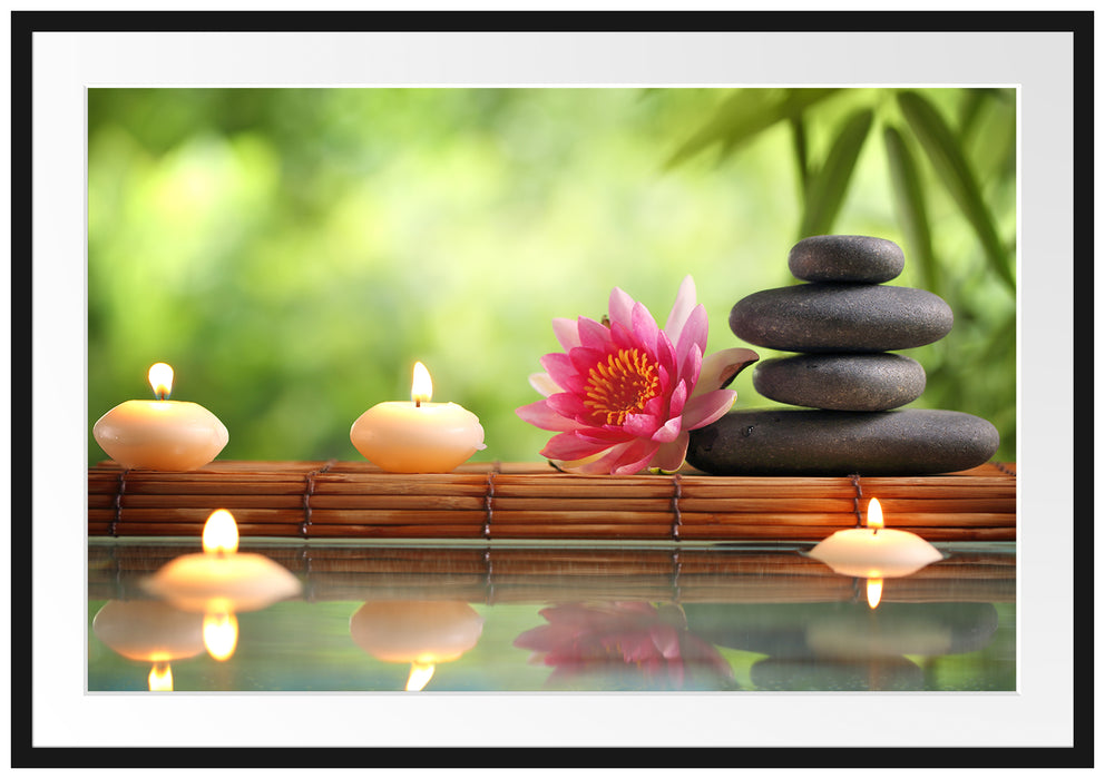 Pixxprint Seerose mit Zen Steinen im Tempel, im Galerie-Passepartout Bilderrahmen