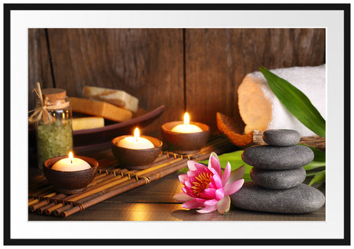 Kerzen mit Zen Steinen und Seerose Passepartout 100x70