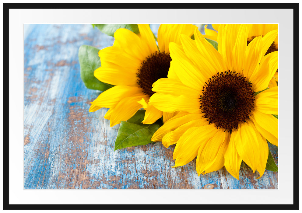 Pixxprint Sonnenblumen auf Holztisch, im Galerie-Passepartout Bilderrahmen