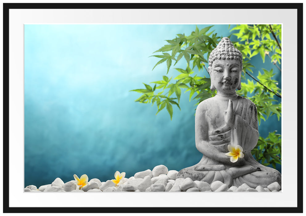 Pixxprint Buddha auf Steinen mit Monoi Blüte, im Galerie-Passepartout Bilderrahmen