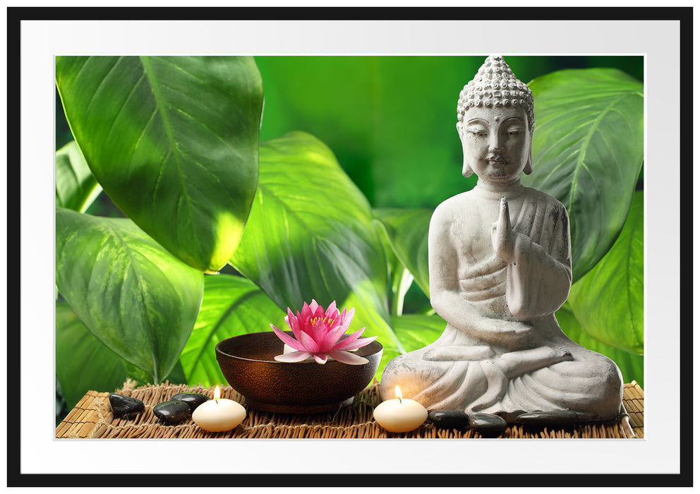 Pixxprint Seerose Buddha Statue, im Galerie-Passepartout Bilderrahmen