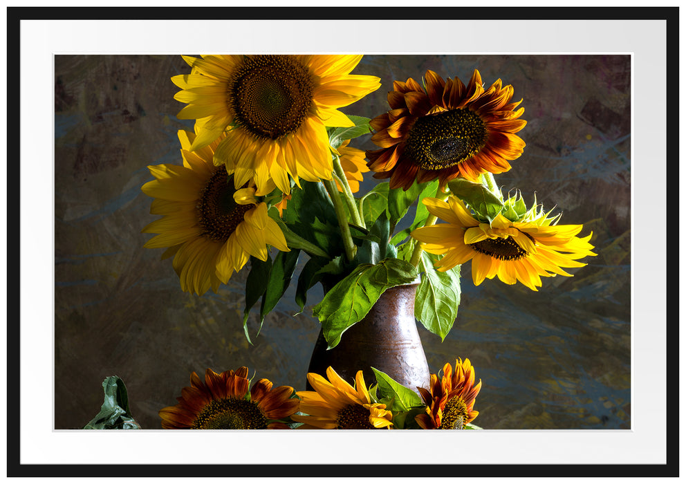 Pixxprint Sonnenblumen in edler Vase, im Galerie-Passepartout Bilderrahmen