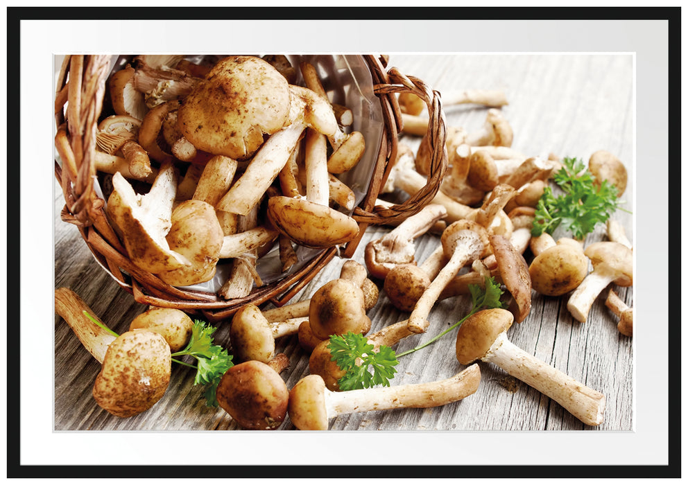 Pixxprint Pilzkörbchen auf Holz, im Galerie-Passepartout Bilderrahmen